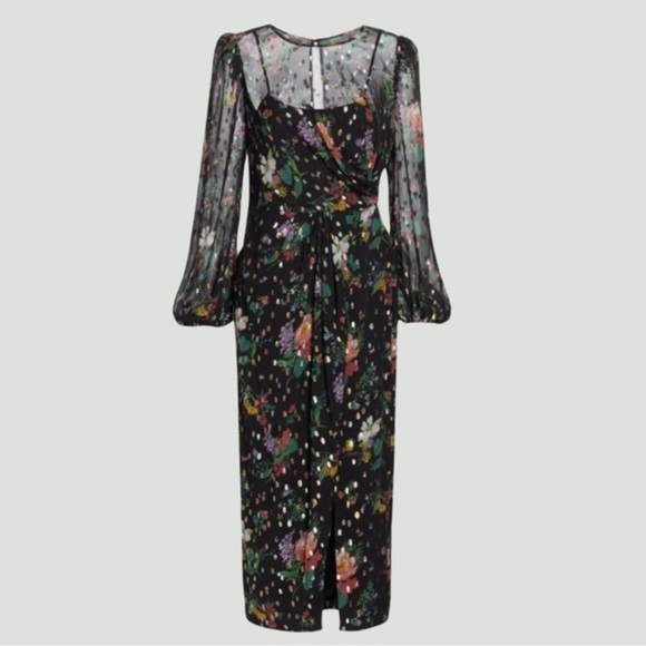 AMUR Sabine Drape Dress | Front Slit | Black | Floral | Sheer | Size 10 - Picture 6 of 16